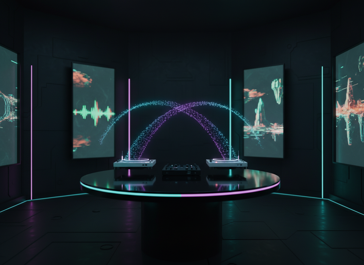 A dim, futuristic rehearsal studio with matte black walls subtly embossed with glitch-like patterns, housing an experimental DJ performance installation. At the center, a circular table of polished obsidian holds twin minimalist controllers hovering a few centimeters above its surface, connected by ribbons of luminous particles that arc between them. Along the walls, translucent panels display ghostly waveforms and shifting alternate landscapes. Soft, directional neon lighting in teal and magenta grazes the edges of the equipment, creating sharp highlights and inky shadows. Photographic realism with an intimate, eye-level composition, using a shallow depth of field that isolates the hovering controllers. The mood is mysterious, bold, and focused on creation and experimentation, as if new realities are being composed in private before being unleashed onstage.