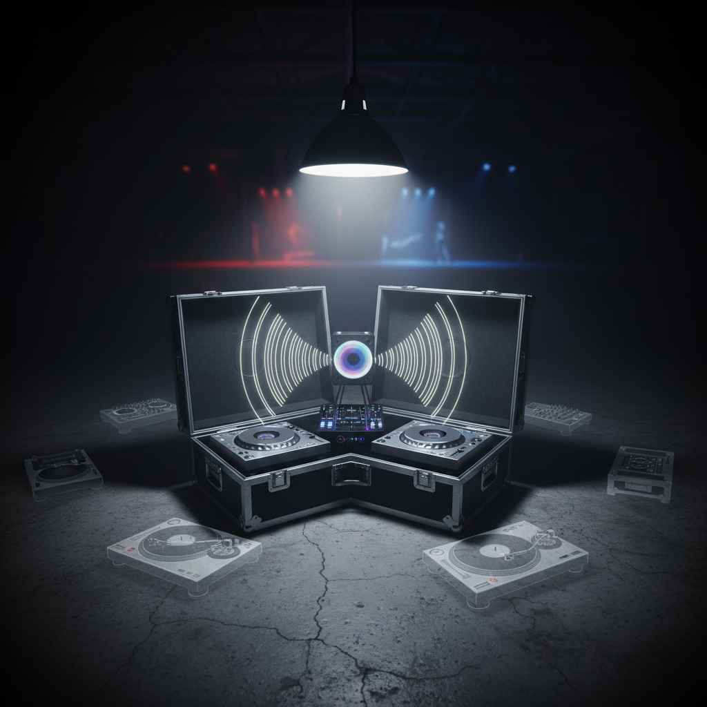 A sleek, black touring case lies open on a concrete floor, revealing a meticulously arranged DJ performance setup: chrome turntables, a compact mixer with luminous sliders, and a custom device projecting three-dimensional sound waves as translucent rings. Around the case, faint ghost-images of alternate versions of the gear phase in and out, hinting at parallel realities. Overhead, a single industrial pendant casts a stark, cool-white spotlight, leaving the rest of the warehouse space in deep shadow punctuated by distant, blurred stage lights. Photographic realism with a gritty, documentary feel, shot from a slightly elevated angle. The mood is bold and anticipatory, as if moments before a boundary-pushing show, with sharp textures on the metal and concrete and moody vignetting around the edges of the frame.
