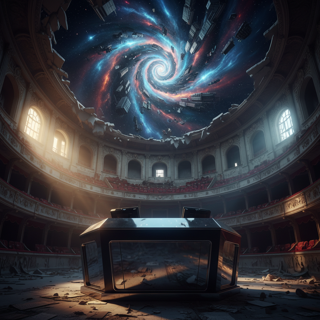 Inside a cavernous, abandoned theater, a lone, ultramodern DJ booth made of matte obsidian and mirrored chrome sits where the orchestra pit once was. Above it, the crumbling ceiling opens into a swirling vortex of stars and alternate cityscapes, as if the performance has torn a hole between worlds. Beams of golden hour light stream through broken arches on one side, while the other side is lit by a cold, electric-blue glow from the vortex. Photographic realism with a dramatic, low-angle perspective that makes the booth feel like a portal. The mood is cinematic and daring, blending decayed grandeur with impossible cosmology, textures of peeling paint and pristine equipment rendered in exquisite detail.