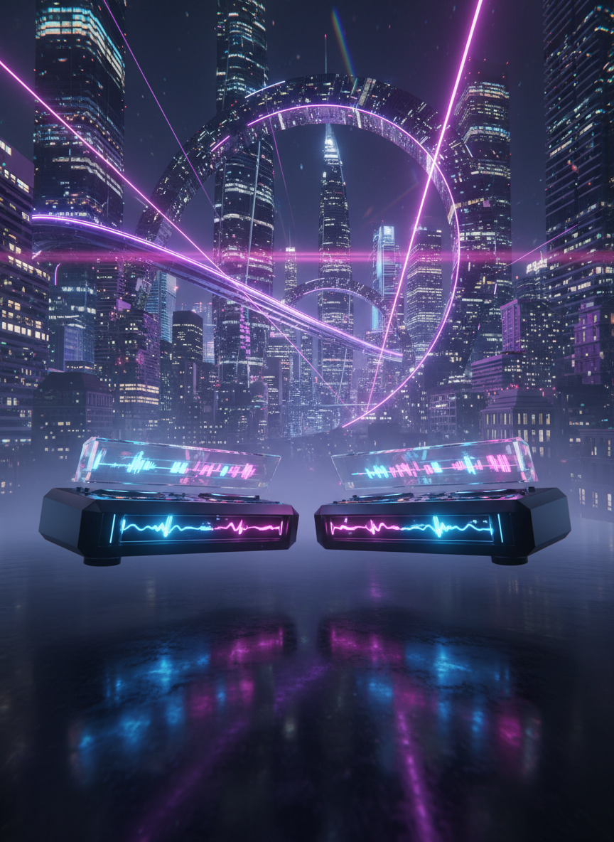 A pair of futuristic DJ decks sculpted from brushed black metal and transparent crystal, glowing with neon-blue and magenta waveforms, float slightly above a reflective dark stage floor. Behind them, a vast panoramic cityscape at night bends and folds into itself, as if two parallel realities are colliding, with buildings twisting into luminous geometric arches. Razor-sharp beams of ultraviolet and electric pink light cut through a light haze, creating dramatic lens flares. Photographic realism with a bold, high-contrast look, captured at eye level with a wide-angle lens. The mood is powerful and otherworldly, as if impossible architecture responds to the pulsing invisible music, with crisp details in the foreground and a soft bokeh of distorted lights in the distance.
