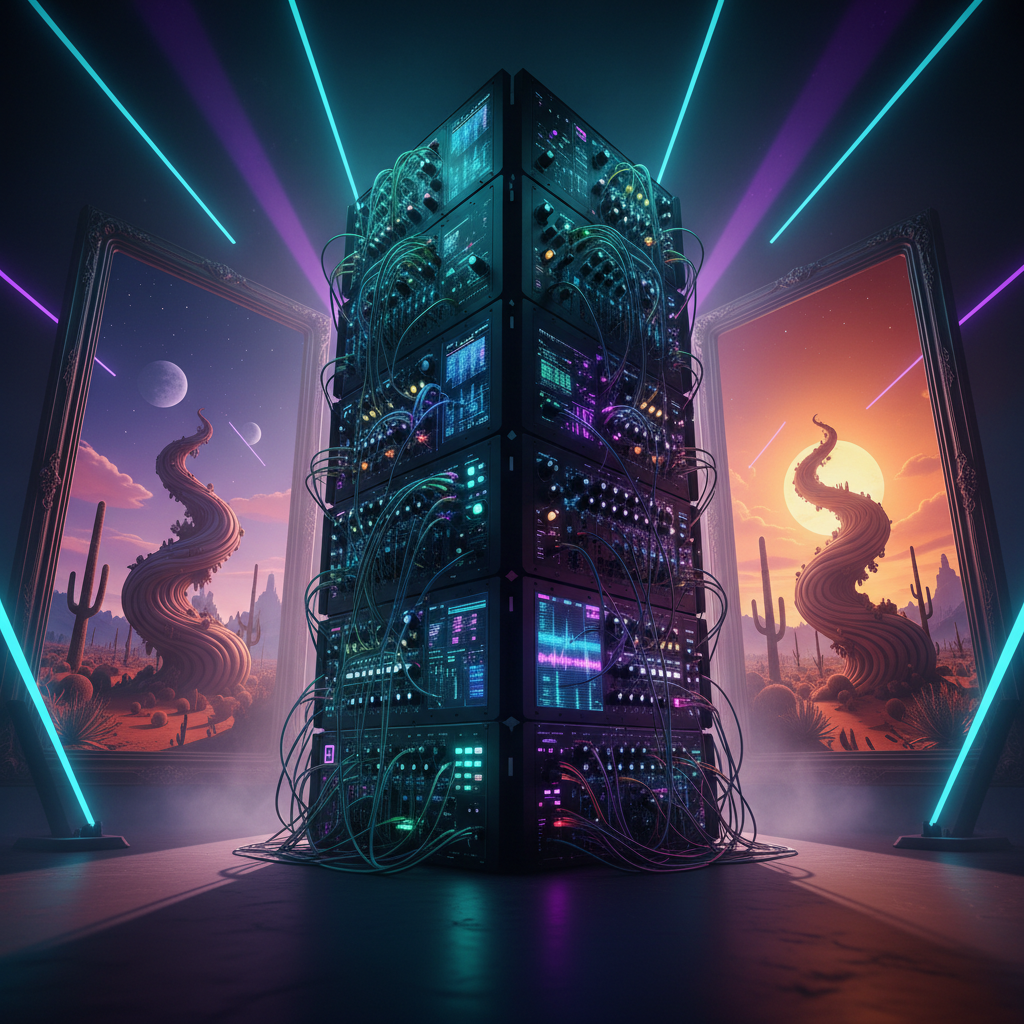 An intricately wired modular synthesizer tower made of matte black panels and iridescent cables stands center stage, its knobs and holographic displays pulsing in sync with invisible bass. The synth is framed by two massive mirrored portals that show slightly different versions of the same surreal desert skyline, one under a violet twilight, the other under a burning orange dawn. Razor-edged spotlights in cyan and deep purple rake across the scene, casting long, angular shadows. Photographic realism with a cinematic, low-angle composition, emphasizing scale and drama. The atmosphere feels like a performance at the edge of dimensions, bold and immersive, with a shallow depth of field that keeps the synth in perfect focus while the shifting horizons blur slightly.