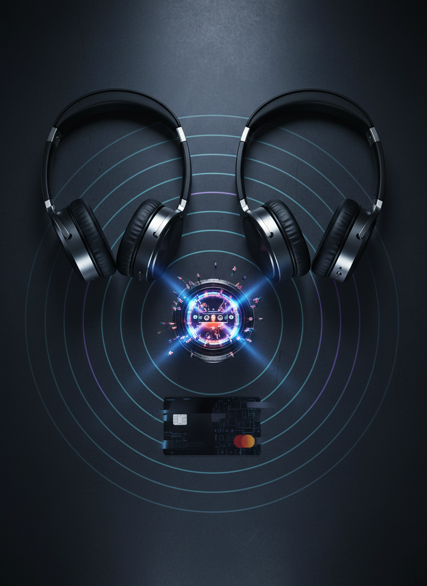 A bold promotional flat lay arranged on a dark, brushed-steel surface: two identical sets of high-end wireless headphones, a compact holographic projector casting a tiny rotating festival stage, and a sleek, logo-free access card that appears to flicker between solid and transparent. Around them, faint concentric circles suggest sound waves rippling across dimensions. Cool, controlled studio lighting from both sides creates sculpted highlights on the metal and plastic surfaces, with soft shadows underneath each object. Photographic realism with top-down composition, everything meticulously aligned on a subtle grid. The atmosphere is sharp, modern, and enigmatic, hinting at event info and exclusive bookings without using text, perfect for a music duo promoting parallel-reality performances in a bold, futuristic aesthetic.