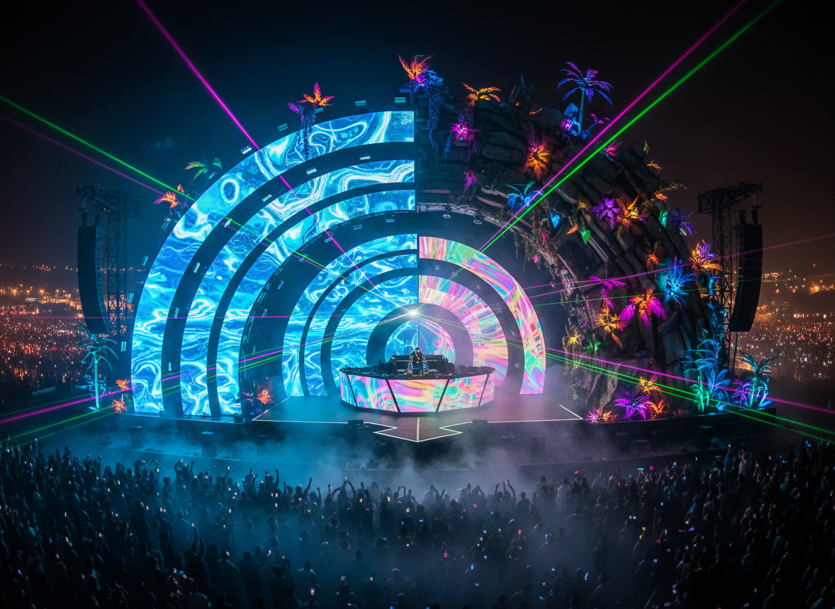 A massive outdoor festival stage at night, designed as a split-reality structure: one half sleek and digital with LED panels rippling like water, the other half organic with jagged rock formations and bioluminescent plants growing from the rigging. At the center stands an elaborate, unmanned DJ rig shaped like a crystalline monolith, its surfaces reflecting fragmented versions of the crowd as abstract light patterns only. Laser grids in lime green and hot pink slice through low-lying fog, while deep blue spotlights wash the stage. Photographic realism with a sweeping wide shot from slightly above eye level, capturing the entire scene. The atmosphere is explosive and bold, evoking an impossible concert where dimensions overlap, with pin-sharp clarity on the stage and a sea of defocused, shimmering light beyond.