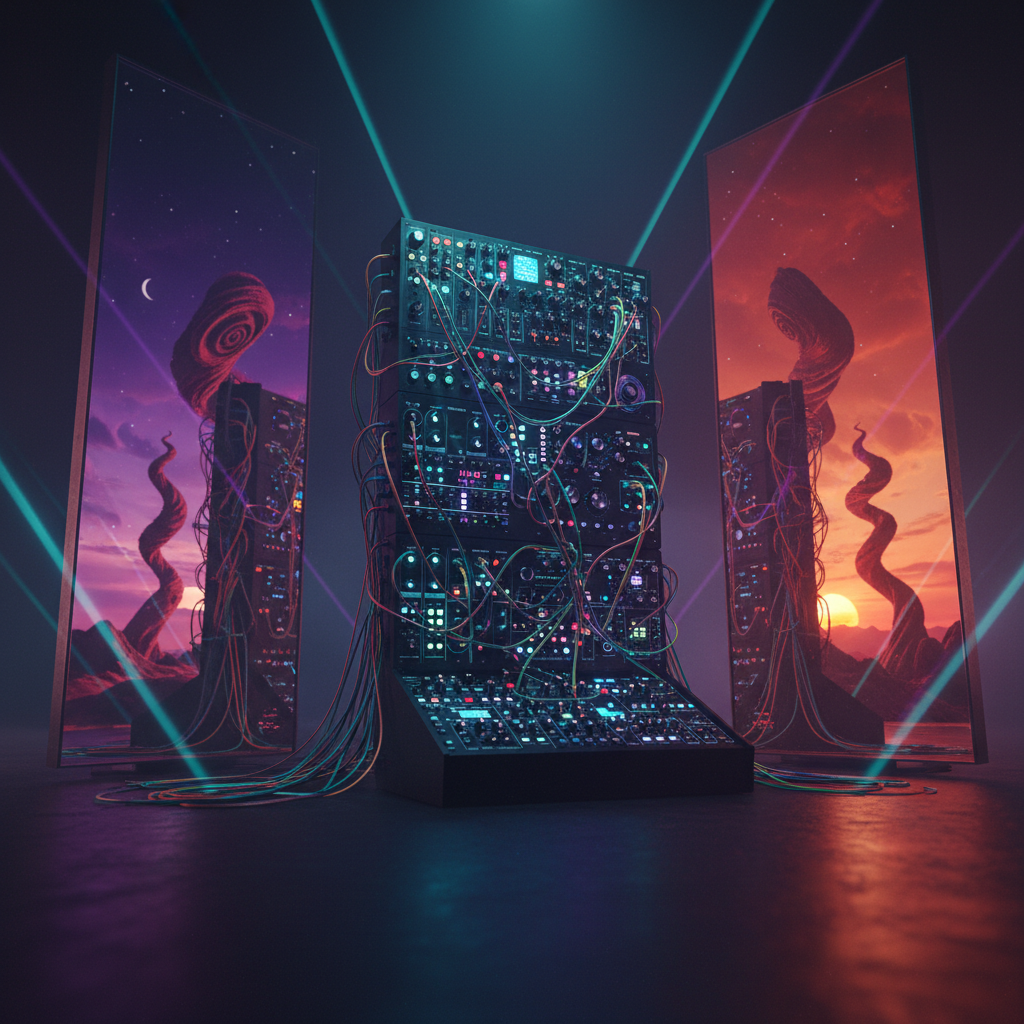 An intricately wired modular synthesizer tower made of matte black panels and iridescent cables stands center stage, its knobs and holographic displays pulsing in sync with invisible bass. The synth is framed by two massive mirrored portals that show slightly different versions of the same surreal desert skyline, one under a violet twilight, the other under a burning orange dawn. Razor-edged spotlights in cyan and deep purple rake across the scene, casting long, angular shadows. Photographic realism with a cinematic, low-angle composition, emphasizing scale and drama. The atmosphere feels like a performance at the edge of dimensions, bold and immersive, with a shallow depth of field that keeps the synth in perfect focus while the shifting horizons blur slightly.